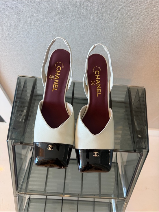 CHANEL Shoes - White Leather Slingback Pumps with Black Patent Cap Toe